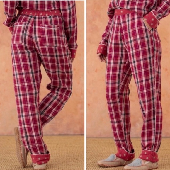 NEW Sundance Truly Tartan Red Plaid Pajama Button Top With Bottom Cuff Set Small - Picture 6 of 8